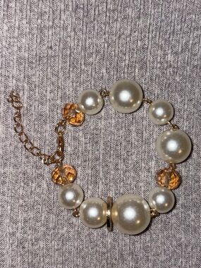 Vintage gold tone faux pearl & multifaceted orange crystal chain bracelet